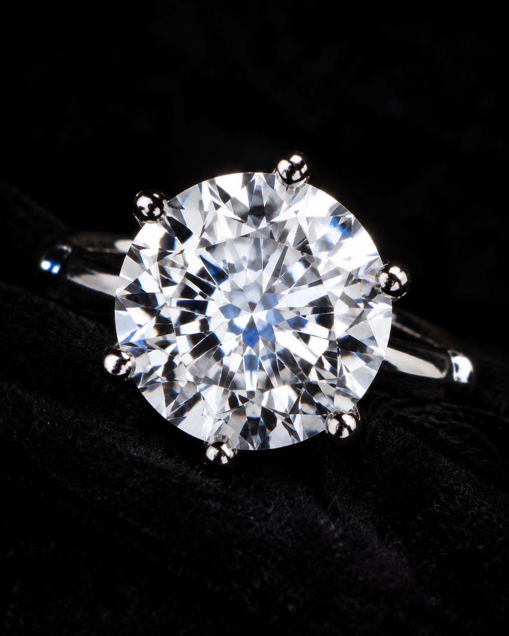 Moissanite solitaire ring on black velvet